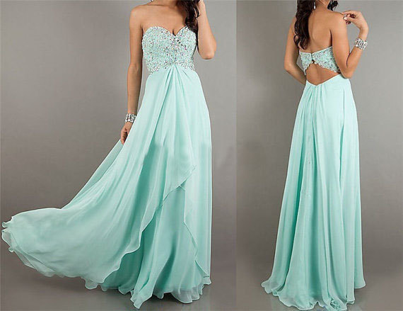 Mint Backless Prom Dress Long Evening Dress Beading Chiffon A-Line ...