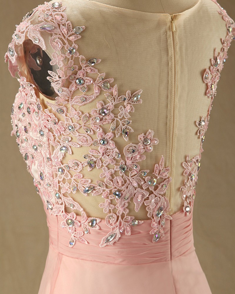 Custom Elegant Boat Neck Pink Chiffon And Lace A Line Long Prom Dress