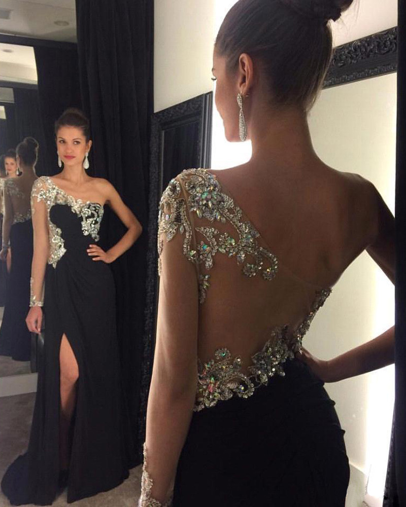 black evening gowns with rhinestones